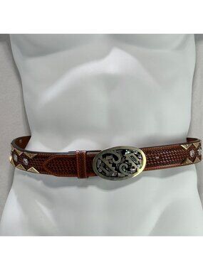 DDD 3D Handtooled Leather Belt Abalone Inlay Buckle &  Rhinestones Size 30 Brown